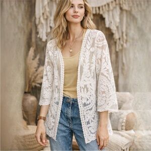 Ronni Nicole White Lace Boho Cardigan Sheer Floral Open Front